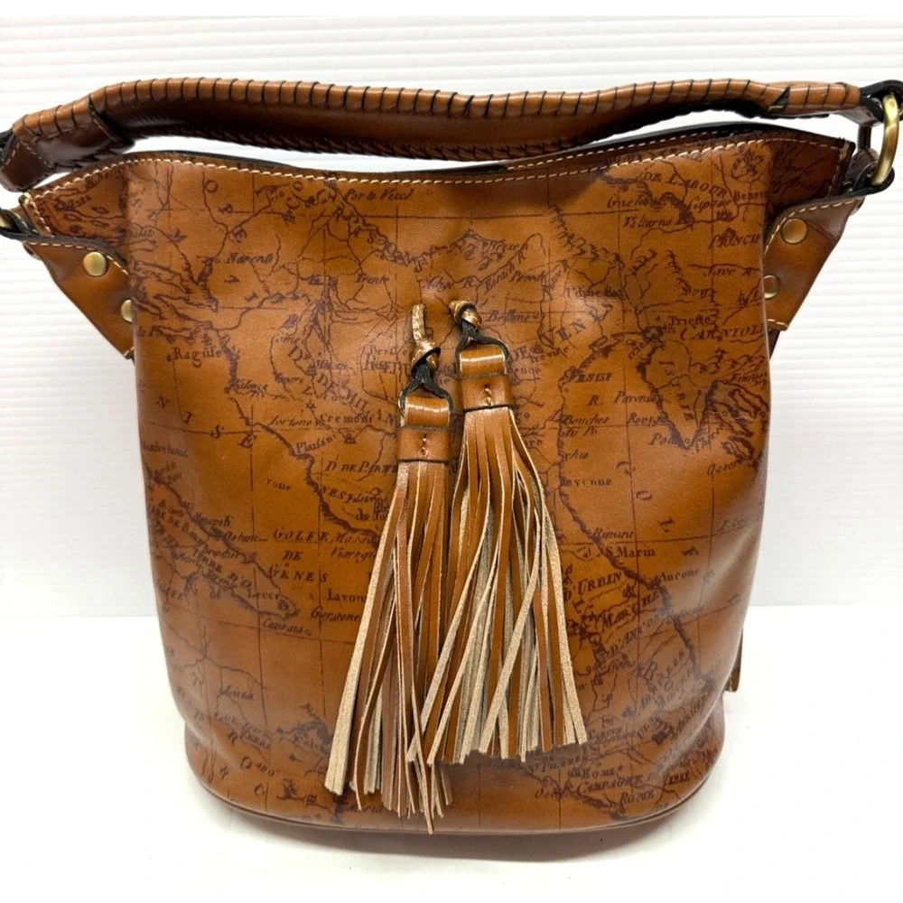 Patricia Nash Torresina Leather Bucket Crossbody Bag RIOT RUST MAP PRINT PURSE